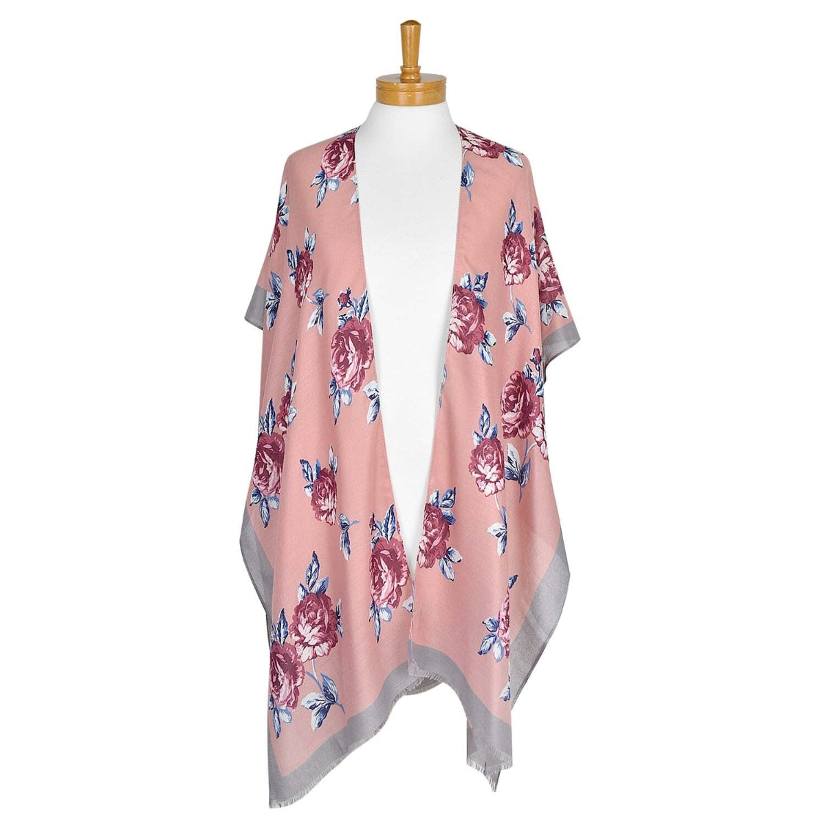 Floral patterned kimono jacket on a mannequin against a white background