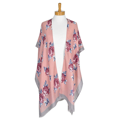 Floral patterned kimono jacket on a mannequin against a white background
