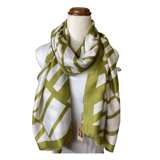 a ladies scarf that has a pistachio green linearbpattern on a warm white background