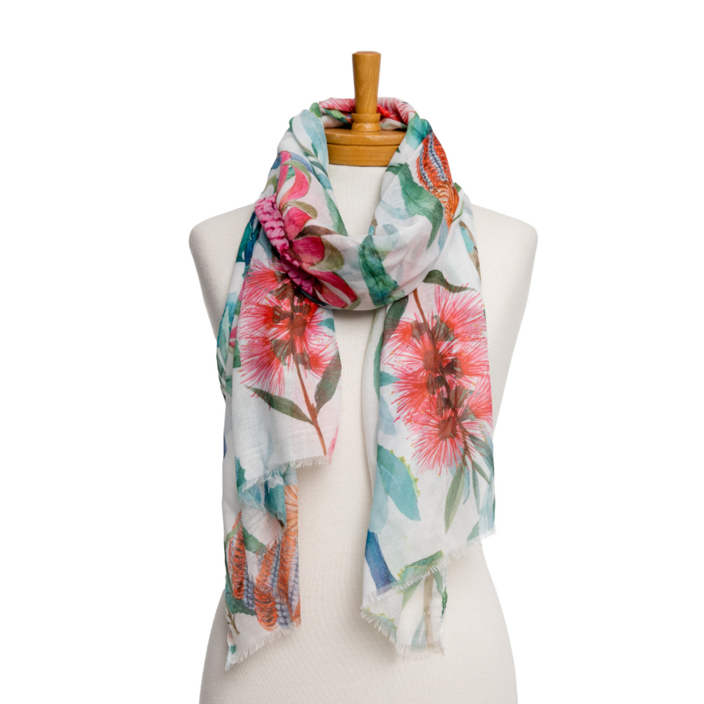 a ladies scarf with Australia bush flowers of Bottlebrush and Waratah  and green leaves in colours of red, pink and green