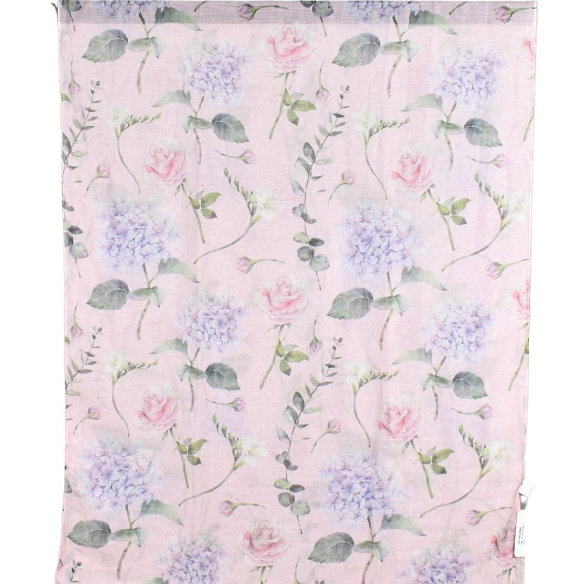Floral pattern with pink roses and blue hydrangeas on a light pink background