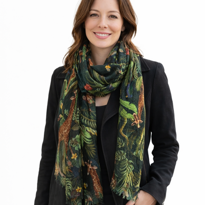 Woman wearing a green jungle patterned scarf on a white background