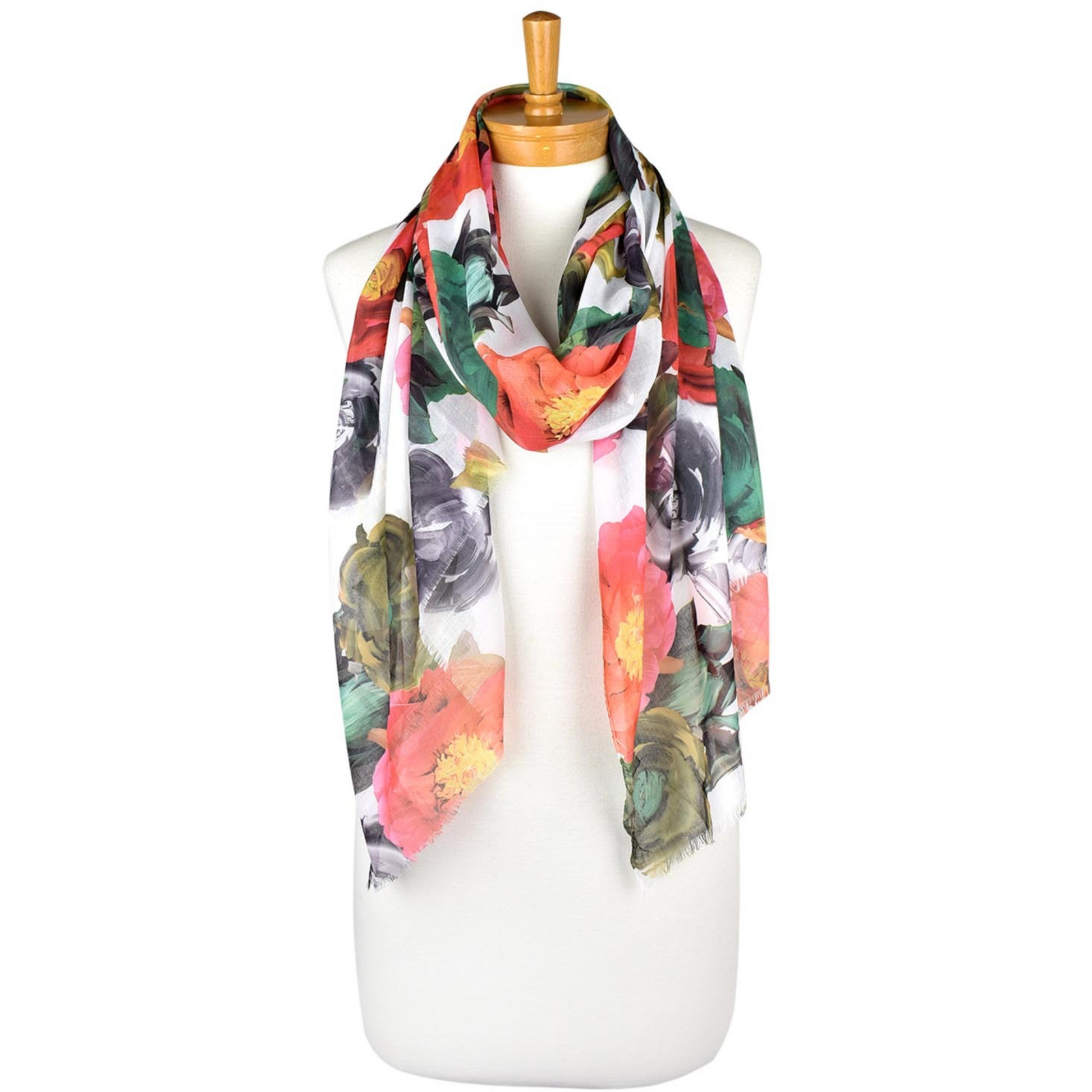 a ladies scarf with a white background and pretty red, grey and emerald green roses