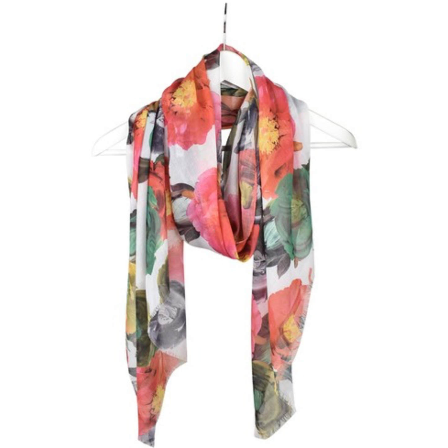 a pretty scarf with red roses draping on a coat hanger