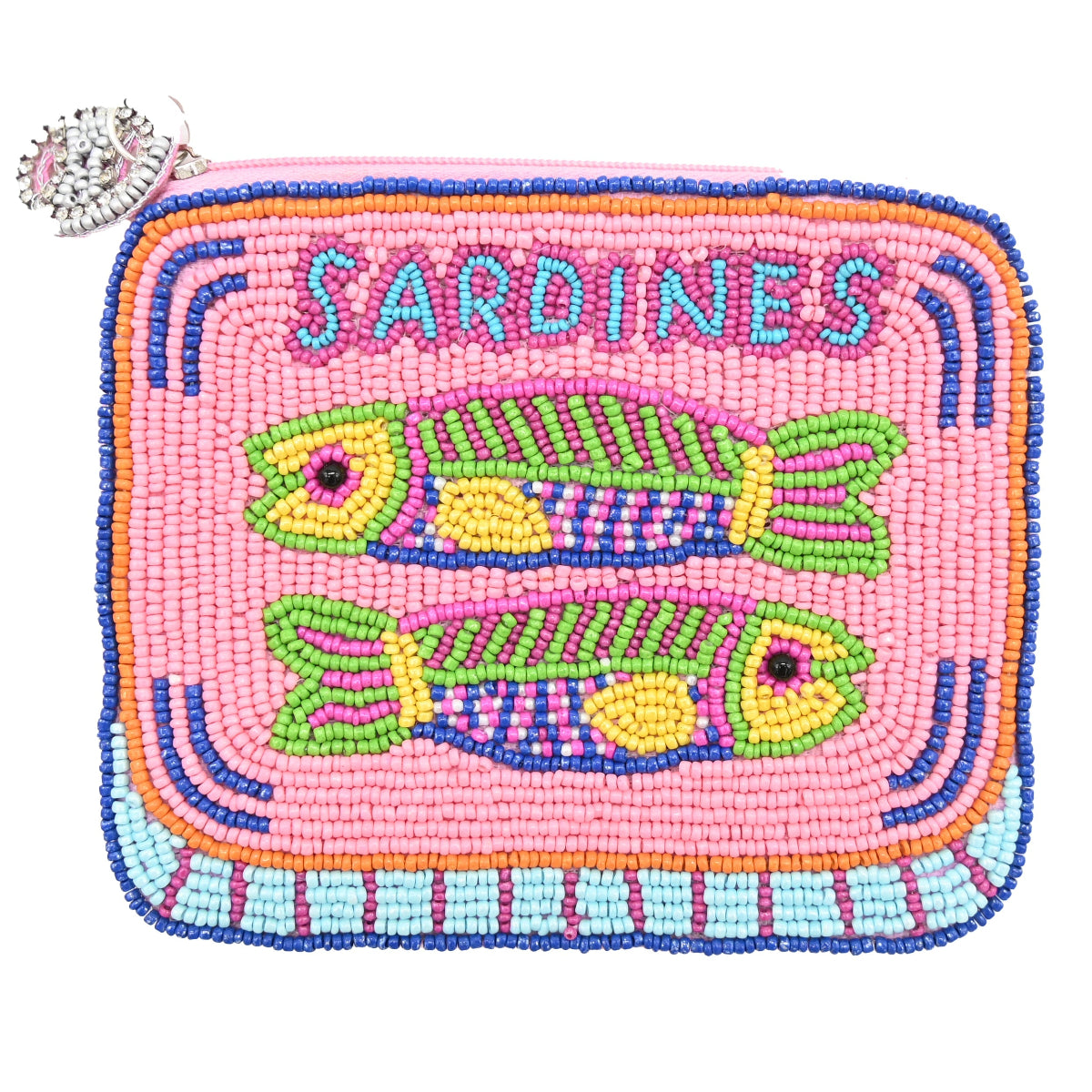 A pink beaded zippered pouch featuring two colorful sardine fish and the word 'SARDINES' in raised beads, with a rhinestone zipper pull on a white background.