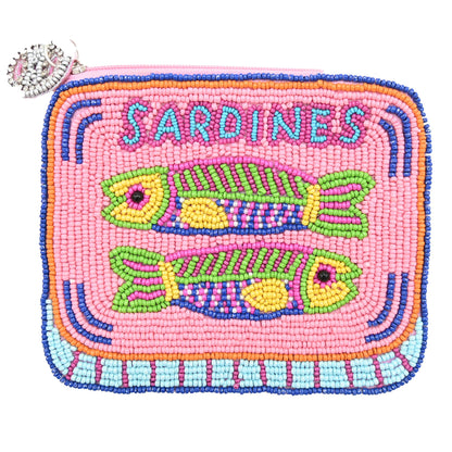 A pink beaded zippered pouch featuring two colorful sardine fish and the word 'SARDINES' in raised beads, with a rhinestone zipper pull on a white background.