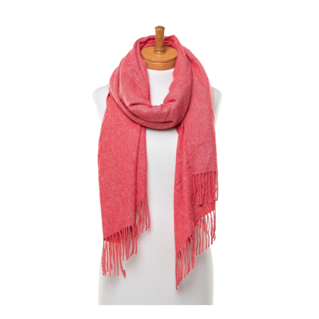 A soft and warm ladies scarf that is plain light red in colour. The scarf is soft and warm and has tassels. The scarf is draped around a mannequin.