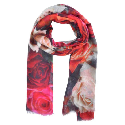 a ladies scarf that has a bright rose floral pattern
