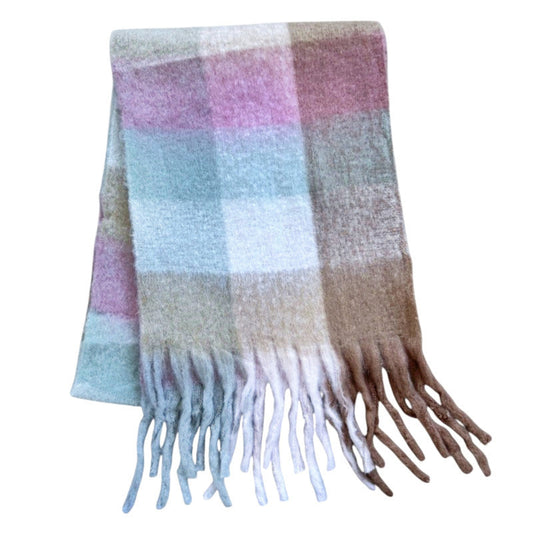 Plaid scarf with fringes in pastel colors on a white background