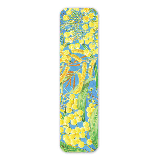 a paper bookmark that has a bright blue background and an all over pattern of bright yellow wattle flowers and green leaves.