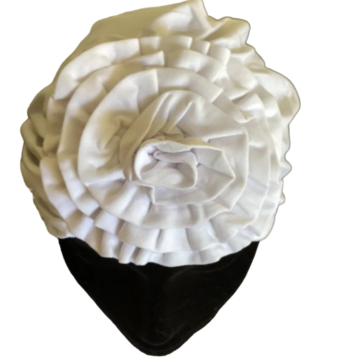 white flower hair turban ob a black mannequin head