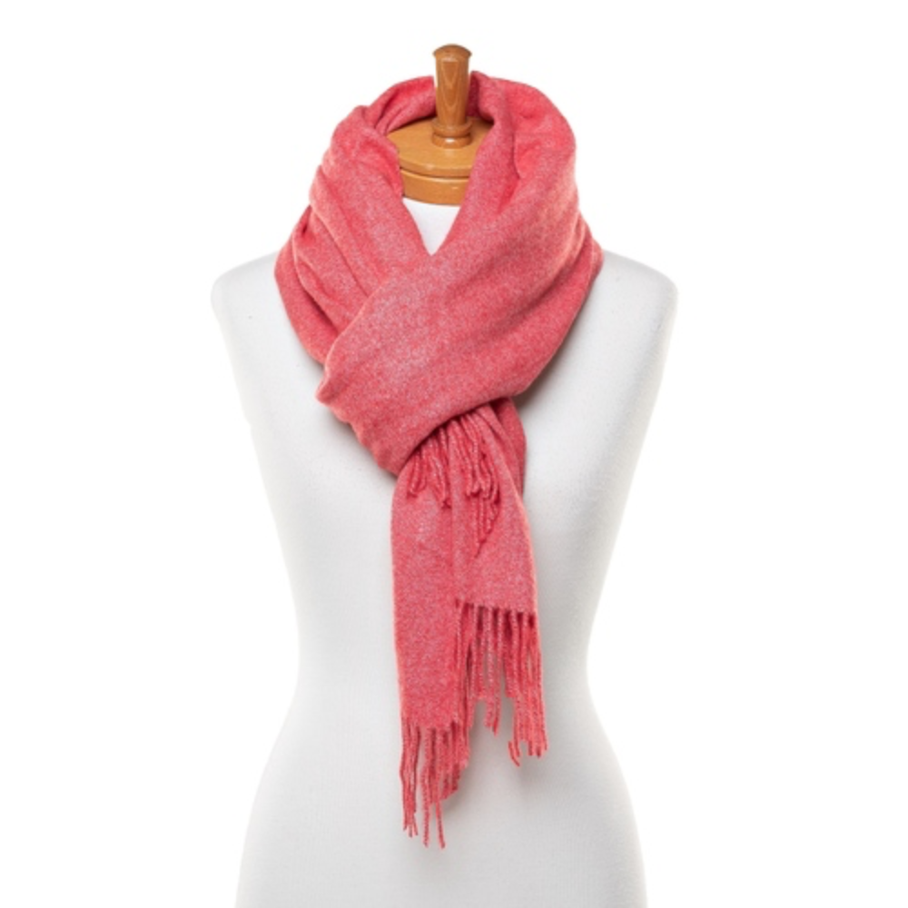 A soft and warm ladies scarf that is plain light red in colour. The scarf is soft and warm and has tassels. The scarf is tied around a mannequin.