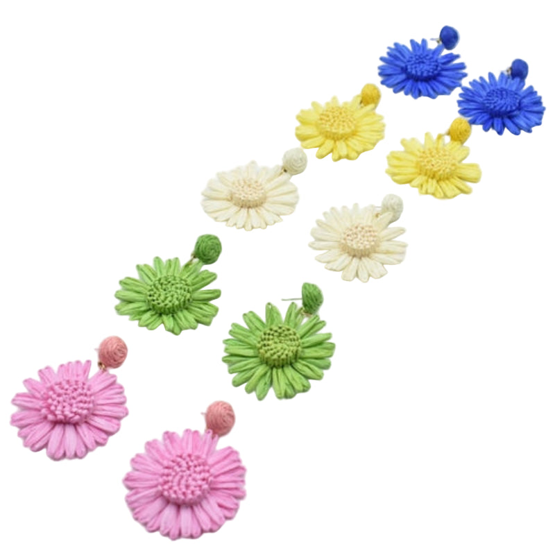 Colorful flower-shaped earrings on a white background